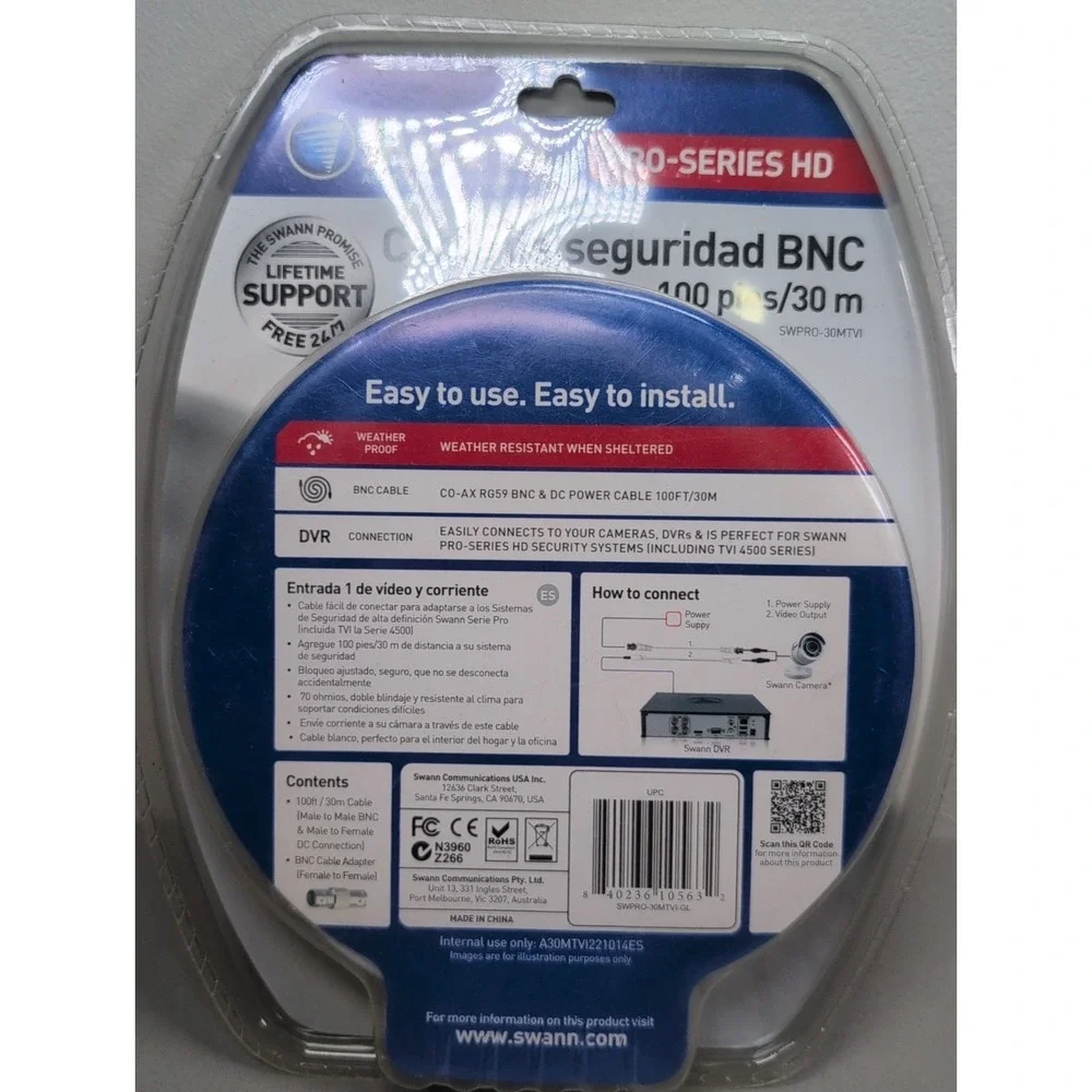 Swann Pro-Series HD BNC/DC Power Extension Cable 100ft/30m for CCTV Security